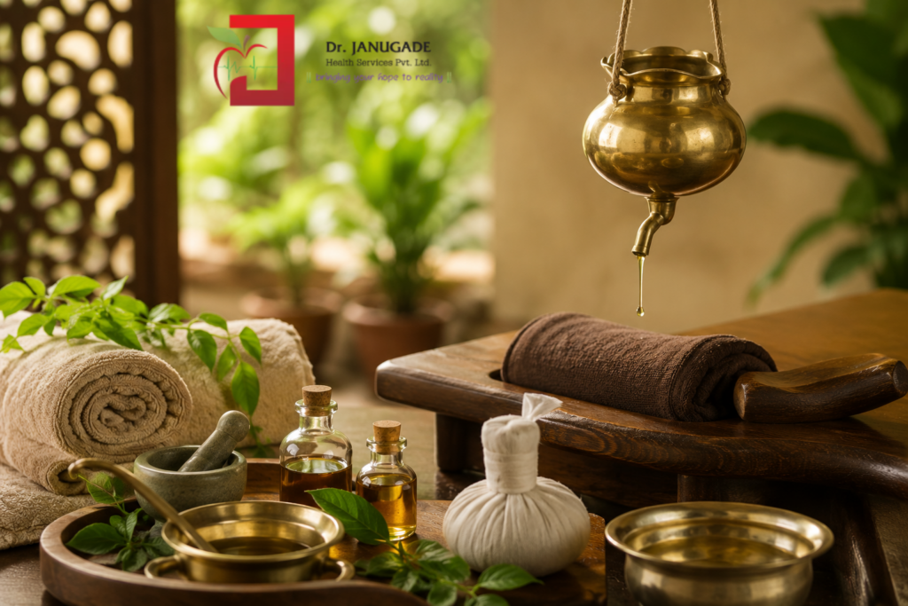 Illustration of Ayurvedic Basti therapy and Panchakarma treatment used to support digestive health, natural detoxification, and joint wellness.