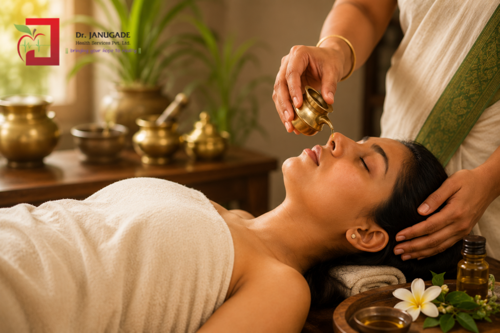 Illustration of Ayurvedic Nasya therapy used for natural relief from sinus congestion, headaches, allergies, and respiratory discomfort.