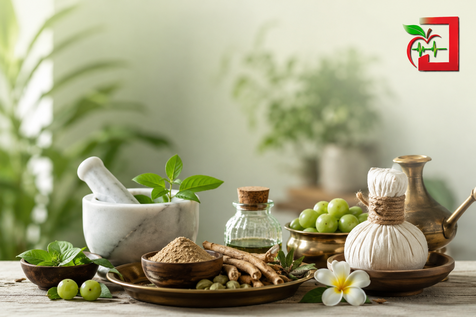 Ayurvedic herbs and wellness therapy setup representing natural fertility treatment for couples in their 30s at Dr. Janugade's Ayurveda Clinic.