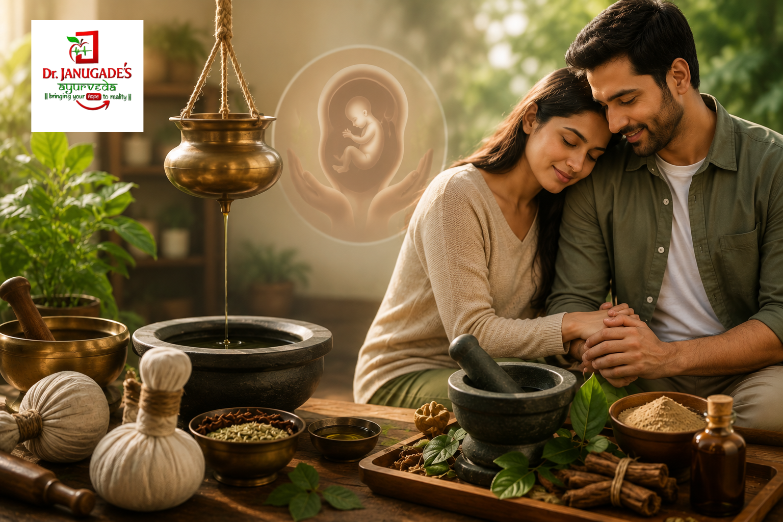 Couple holding hands during Ayurvedic treatment for infertility consultation with Panchakarma herbs at Dr. Janugade's clinic