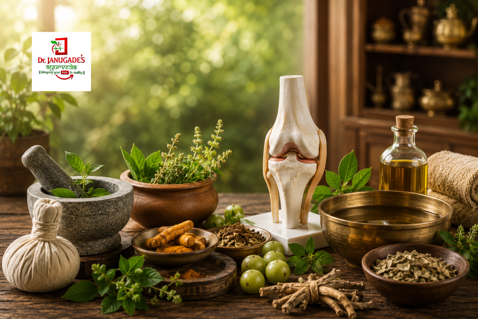 Knee joint model with Ayurvedic herbs and oils representing rheumatoid arthritis treatment at Dr. Janugade's clinic