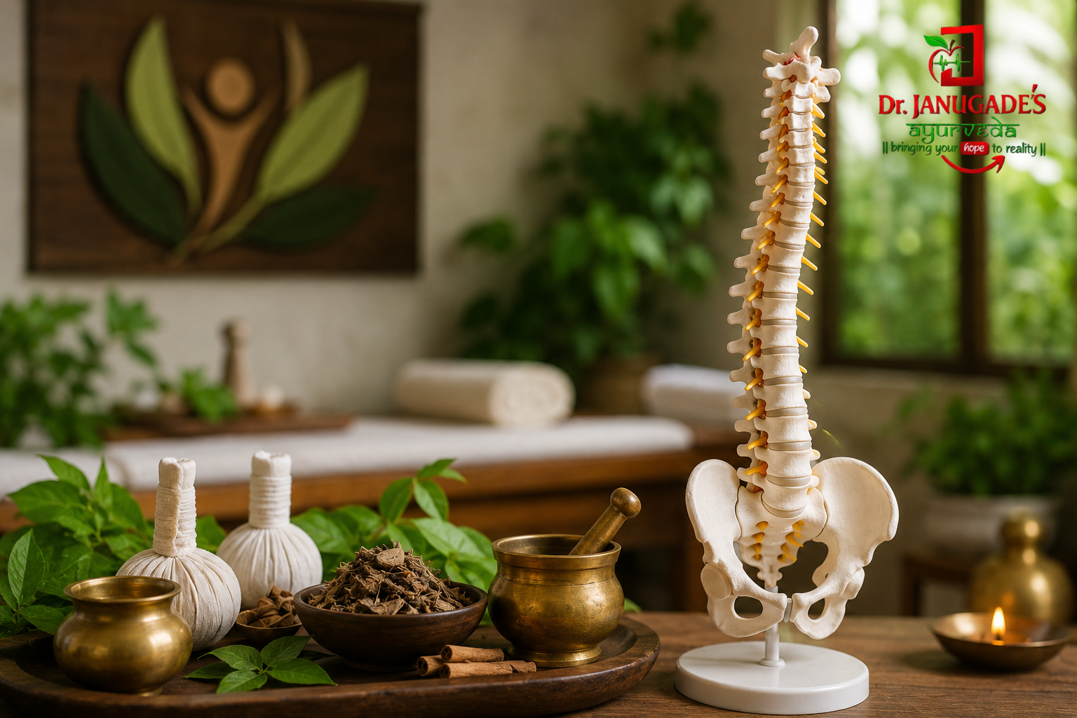 Patient experiencing neck and lower back pain due to spondylosis with highlighted spine, representing Ayurvedic treatment and Panchakarma therapy.