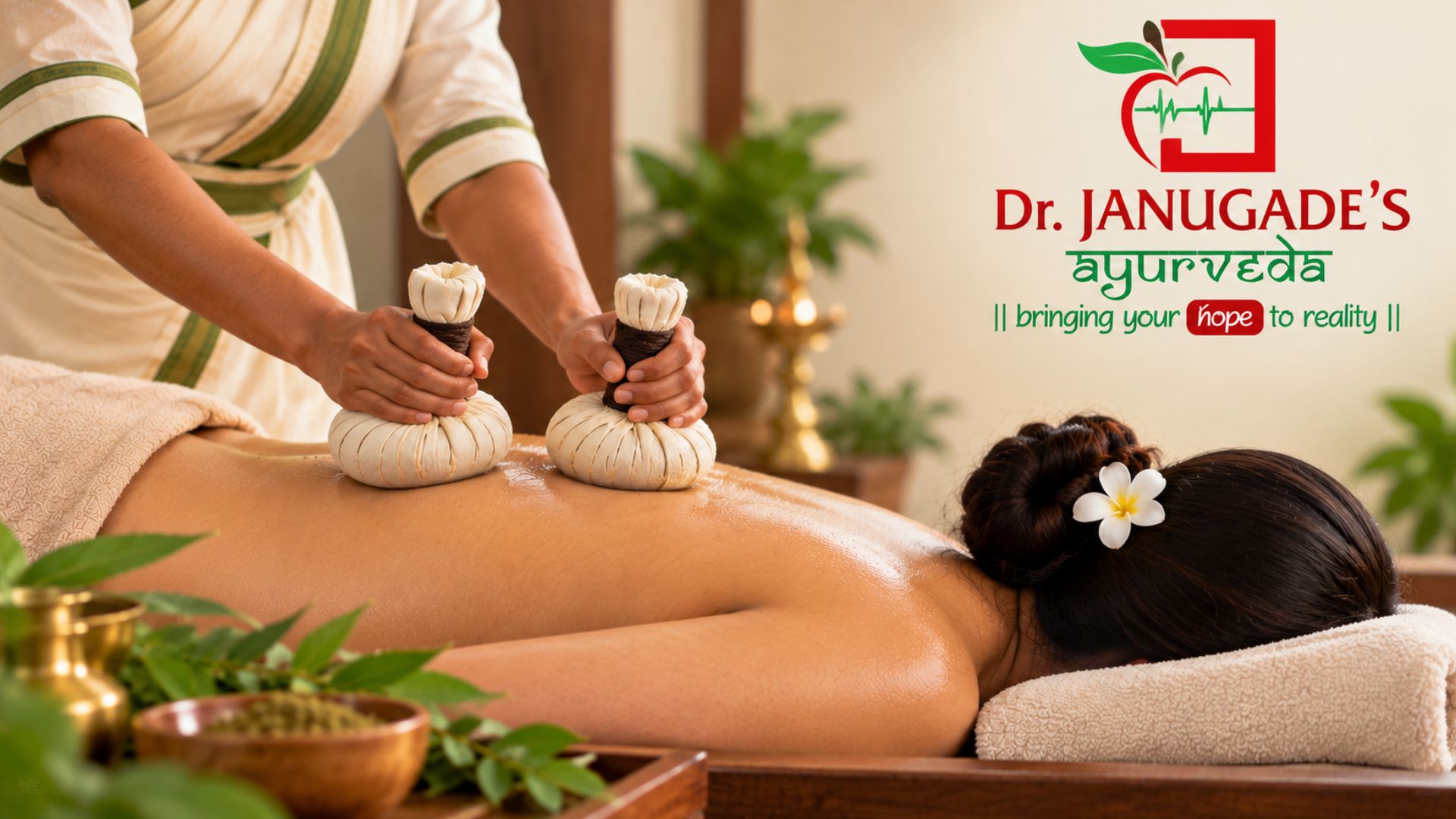 A therapist performs an Ayurvedic massage on a woman's back using herbal bolus bags at Ayurvedic Panchakarma Treatment Centre in Navi Mumbai , with the Dr. Janugade's Ayurveda clinic logo visible nearby.
